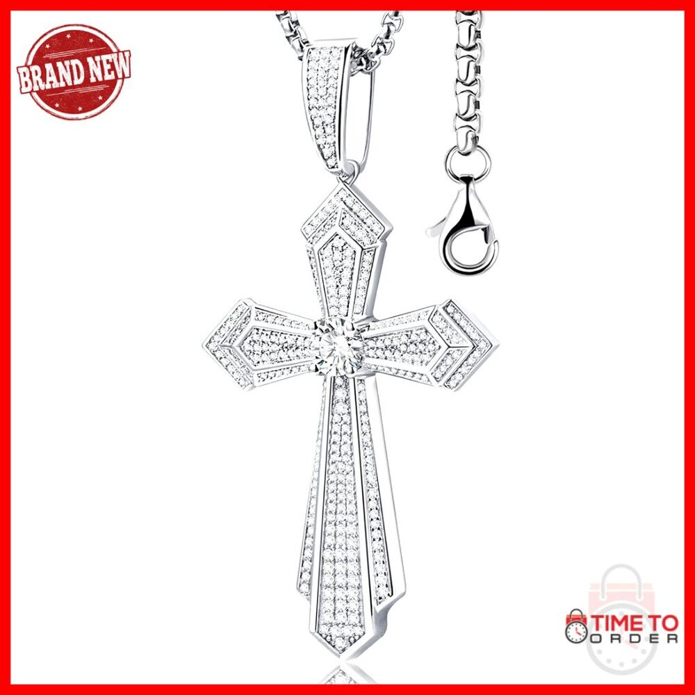 Men's Moissanite Cross Pendant Necklace S925 Silver 2.9CT Diamond Hiphop Jewelry - Picture 1 of 7